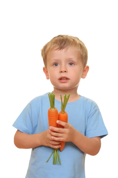 Three Years Old Boy Fresh Carrot Isolated White — Stock Photo, Image