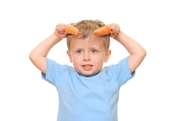 Three Years Old Boy Fresh Carrot Isolated White Little Bull — Stock Photo, Image