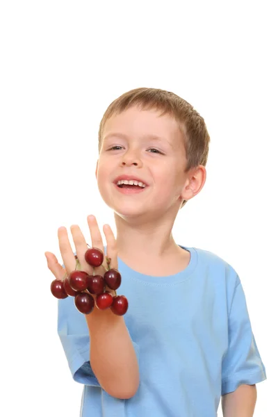 Five Years Old Boy Fresh Cherries Isolated White — Stock Photo, Image