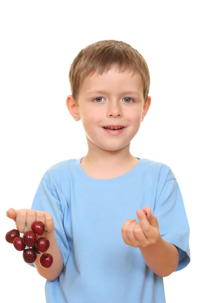 Five Years Old Boy Fresh Cherries Isolated White — Stock Photo, Image