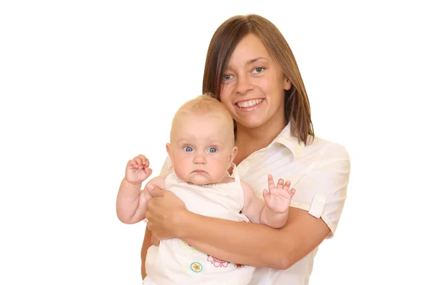 白色上被隔绝的母亲和 个月女儿的肖像 — 图库照片