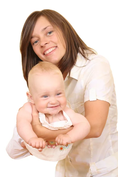 白色上被隔绝的母亲和 个月女儿的肖像 — 图库照片