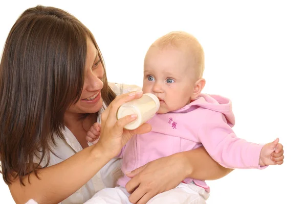 Μητέρα Και Μηνών Κοριτσάκι Μπουκάλι Γάλα Που Απομονώνονται Λευκό — Φωτογραφία Αρχείου