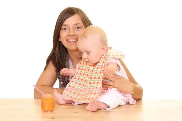 Madre Niña Meses Con Alimentos Para Bebés Aislados Blanco — Foto de Stock