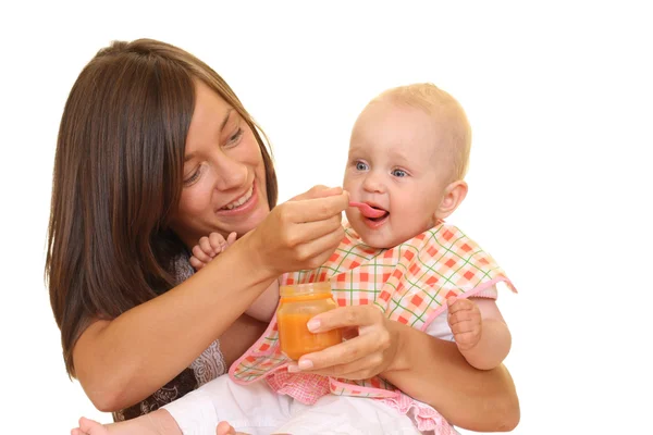 Madre Bambina Mesi Con Baby Food Isolato Bianco — Foto Stock