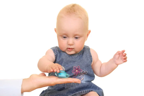 Månader Baby Flicka Med Dummy Isolerad Vit — Stockfoto