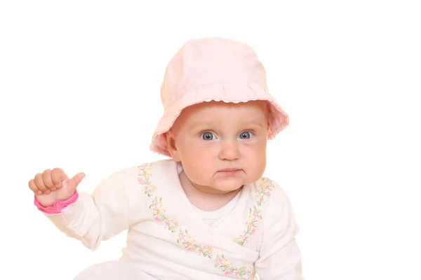 Meses Bebê Menina Chapéu Rosa Isolado Branco — Fotografia de Stock