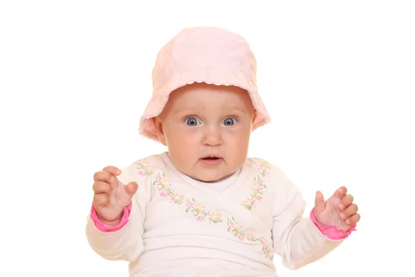 Monate Baby Mädchen Mit Rosa Hut Isoliert Auf Weiß — Stockfoto