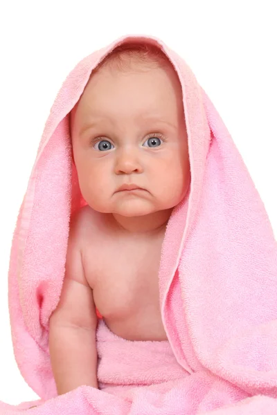 Miesięcy Córeczkę Różowy Ręcznik Białym Tle — Zdjęcie stockowe