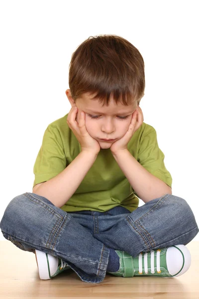 Pequeno Menino Grande Problema Menino Cinco Anos Isolado Branco — Fotografia de Stock
