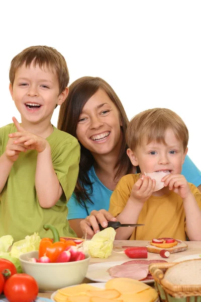 Portrait Adorable Family Mother Sons Having Breakfast Together Isolated White — Stock Photo, Image