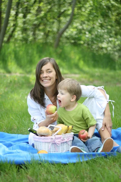 Matka Syn Relaksujący Rodzinny Piknik Lesie — Zdjęcie stockowe
