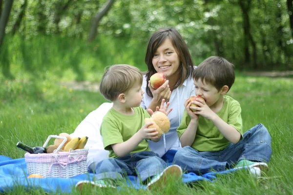 母亲和儿子放松 在森林里的家庭野餐 — 图库照片
