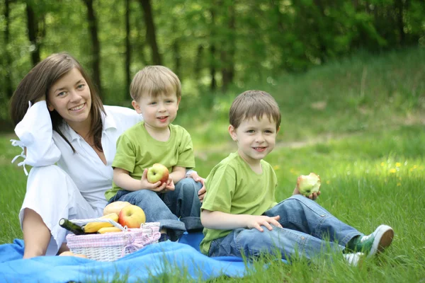 Matka Synowie Relaksujący Rodzinny Piknik Lesie — Zdjęcie stockowe