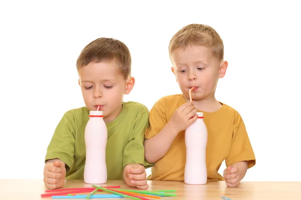 Five Three Years Old Boys Drinking Milk Isolated White — Stock Photo, Image