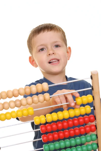 Vijf Jaar Oude Jongen Met Abacus Geïsoleerd Wit — Stockfoto