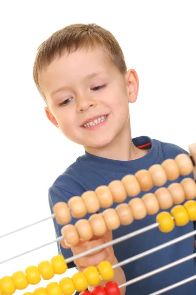 Vijf Jaar Oude Jongen Met Abacus Geïsoleerd Wit — Stockfoto