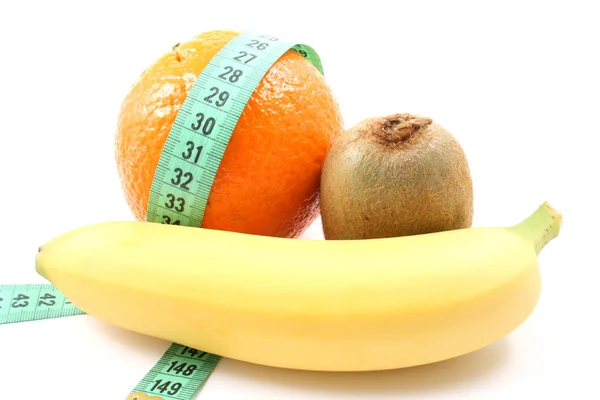 Spuntino Leggero Dieta Banana Arancione Kiwi Isolato Bianco — Foto Stock