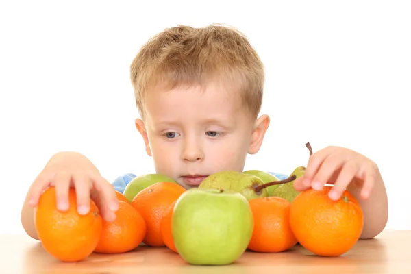 Three Years Old Boy Playing Fruits Isolated White — Stock Photo, Image