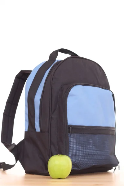 Blue Backpack Apple Isolated White Back School — Stock Photo, Image