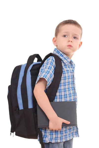 Jaar Oude Jongen Klaar Naar School Geïsoleerd Wit — Stockfoto