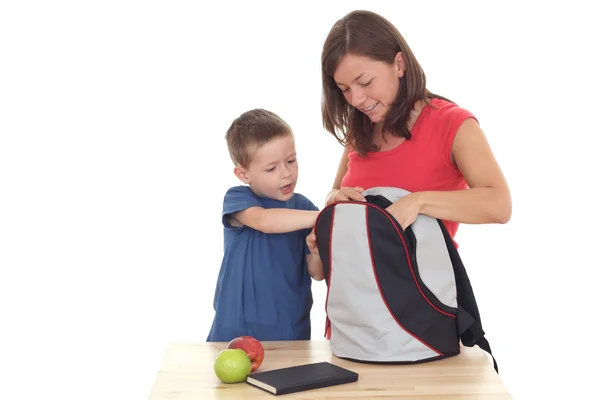 Five Years Old Boy His Mother Backpack Isolated White — Stock Photo, Image