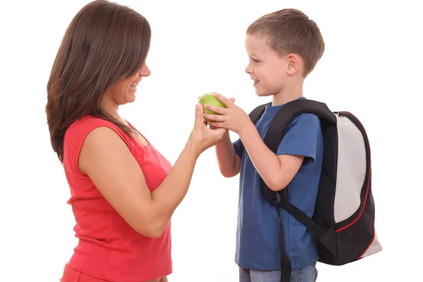 Five Years Old Boy His Mother Backpack Apple Isolated White — Stock Photo, Image