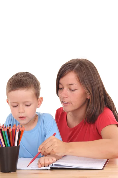 母亲和绘制在一起的老儿子孤立在白色的 — 图库照片