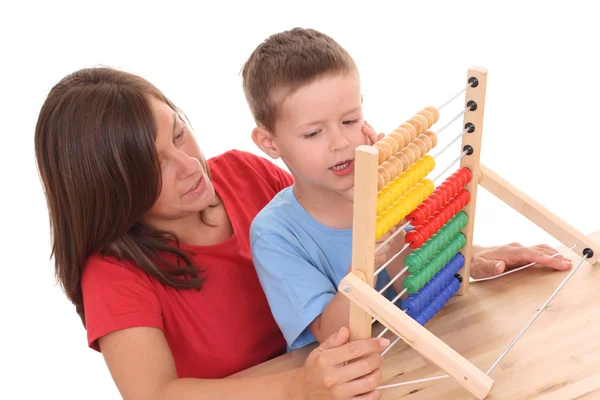 Mother Years Old Boy Big Abacus Isolated White — Stock Photo, Image