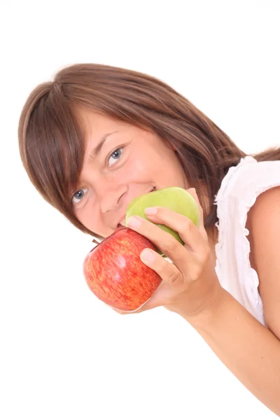 白で隔離される新鮮なリンゴと若い美しい女性 — ストック写真