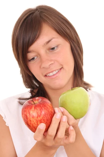年轻漂亮的女人和新鲜的苹果上白色隔离 — 图库照片