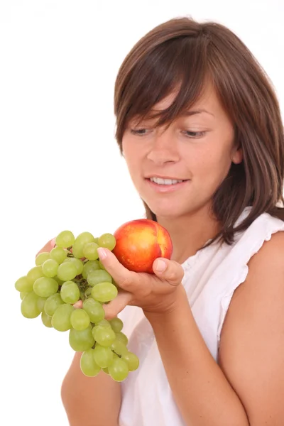 Young Beautiful Woman Fresh Grapes Peach Isolated White — Stock Photo, Image