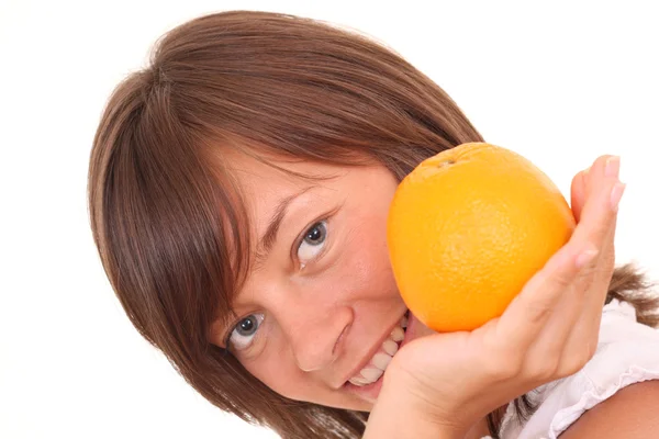 Young Beautiful Woman Fresh Orange Isolated White — Stock Photo, Image