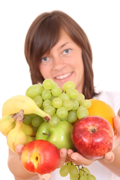 Jovem Mulher Bonita Com Frutas Frescas Isoladas Branco — Fotografia de Stock