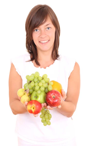 Young Beautiful Woman Fresh Fruits Isolated White — Stock Photo, Image