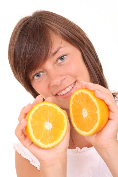Mladá Krásná Žena Čerstvým Pomerančem Izolované Bílém — Stock fotografie