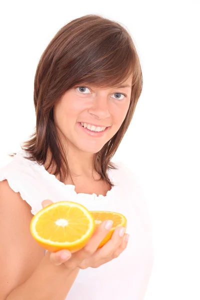Joven Hermosa Mujer Con Fresco Naranja Aislado Blanco — Foto de Stock