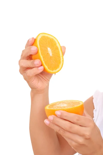 Close Ups Hands Fresh Oranges Isolated White — Stock Photo, Image