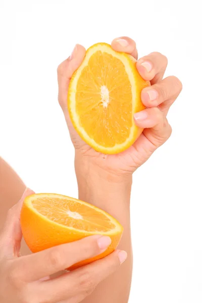 Close Ups Hands Fresh Oranges Isolated White — Stock Photo, Image