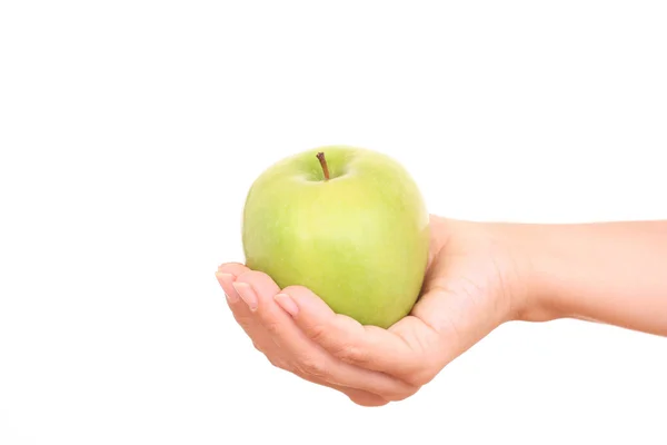 Zielone Jablko Ręce Biały — Zdjęcie stockowe