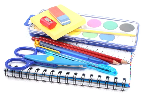 School Supplies Pen Pencil Copy Book Isolated White — Stock Photo, Image