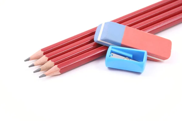 Quatro Lápis Vermelhos Isolados Branco — Fotografia de Stock