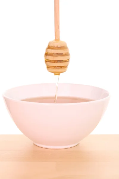Méz Fából Készült Botot Asztalra Tál — Stock Fotó
