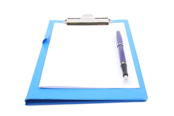 Μπλε Πρόχειρο Ένα Στυλό Που Απομονώνονται Λευκό — Φωτογραφία Αρχείου