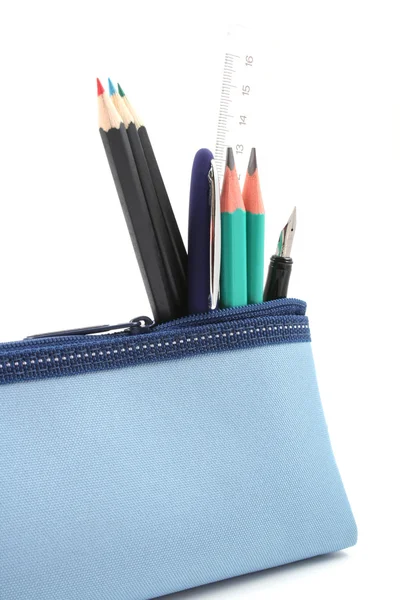 Blue Pencil Case School Supplies Isolated White — Stock Photo, Image