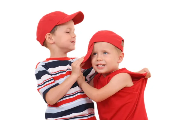 Dois Irmãos Anos Idade Lutando Isolados Branco — Fotografia de Stock