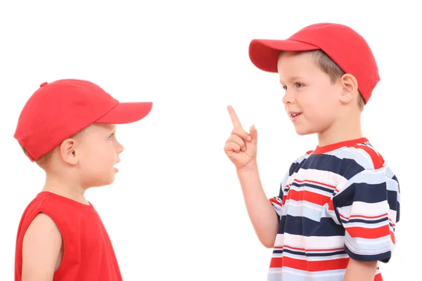 Conversación Infantil Dos Hermanos Años Aislados Blanco —  Fotos de Stock