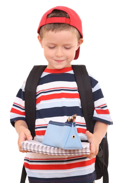 Years Old Boy Backpack Stationary Isolated White — Stock Photo, Image