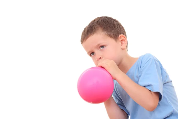 Years Old Boy Blowing Balloon Isolated White — 스톡 사진