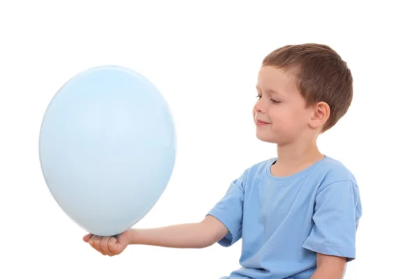 Anos Idade Menino Explodir Balão Isolado Branco — Fotografia de Stock